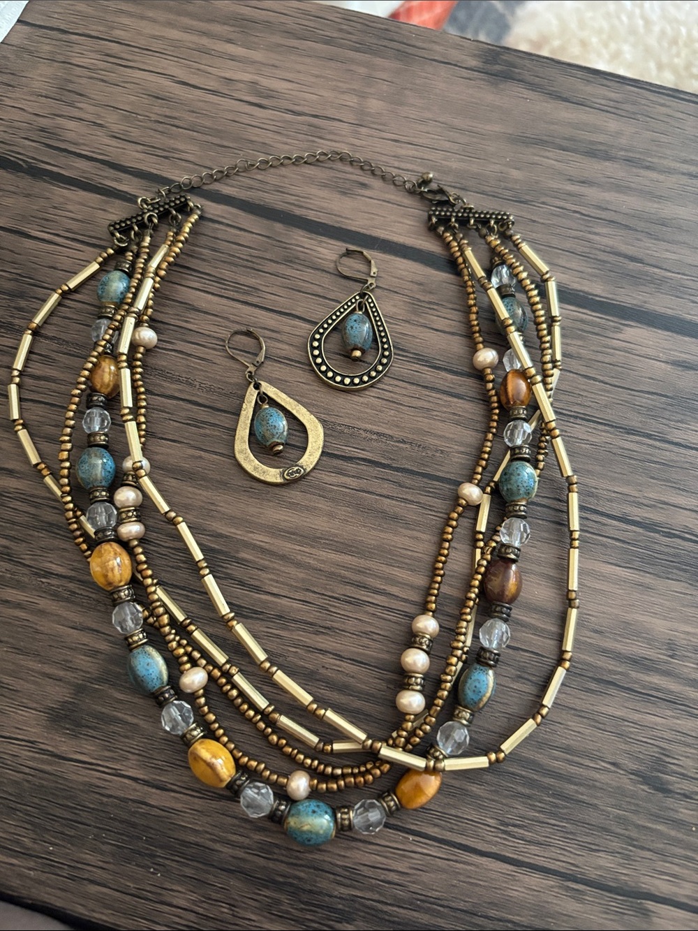 Multi-Strand Gold-Tone Beaded Necklace & Earring Set - Blue and Brown